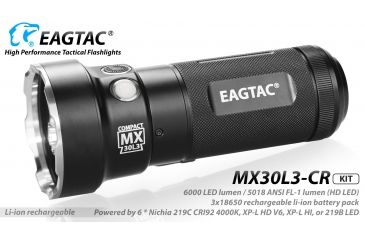 Image of Eagtac Rechargeable MX30L3C-R 6XPL HI 5250 Lumens LED Flashlight Kit, Black, Medium, MX30L3CR6*XPLHIKIT