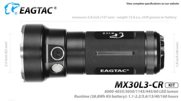 Image of Eagtac Rechargeable MX30L3C-R 6XPL HI 5250 Lumens LED Flashlight Kit, Black, Medium, MX30L3CR6*XPLHIKIT