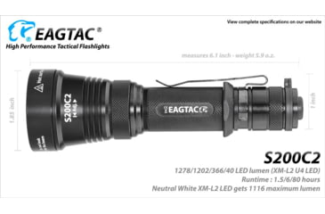 Image of EAGTAC S200C2 Flashlight, XM-L2 U4 CW LED, 1278lm, Black, S200C2-XML2-BASE-CW