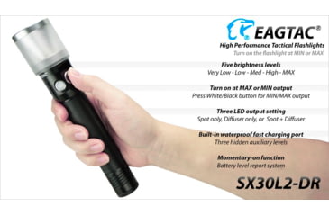 Image of EAGTAC SX30L2-DR Flashlight Kit, XPL HI CW w/ LEDarray LED, 1700lm w/ 940lm, Black, SX30L2-DR-XPLHI-KIT-CW