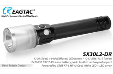 Image of EAGTAC SX30L2-DR Flashlight Kit, XPL HI CW w/ LEDarray LED, 1700lm w/ 940lm, Black, SX30L2-DR-XPLHI-KIT-CW
