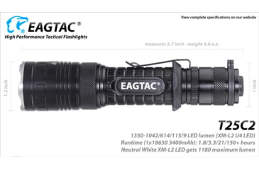 Image of EAGTAC T25C2 Flashlight Kit, XM-L2 U2 NW LED, 1180lm, Black, T25C2-XML2-KIT-NW