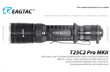Image of EAGTAC T25C2 MKII Pro Flashlight, XHP35 HD NW LED, 1860lm, Black, T25C2-MKII-XHP35-HD-PRO-NW