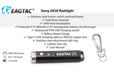 Image of EAGTAC Teeny DX3E Flashlight, SST20 NW LED, 930lm, Black, Teeny DX3E-SST20-NCW