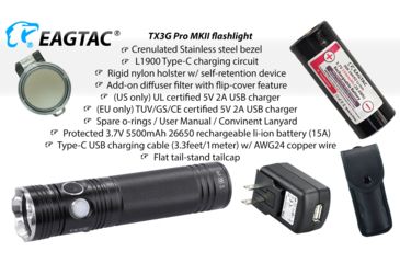 Image of EAGTAC TX3G MKII Pro Flashlight, XHP70.2 CW LED, 3550lm, Black, Medium 4203