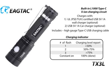 Image of EAGTAC TX3L BASE XJP35 HI CW, 2100 Lumen, USB Rechargeable, 18650 Led Flashlight, Black, Medium 4237