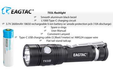 Image of EAGTAC TX3L BASE XJP35 HI CW, 2100 Lumen, USB Rechargeable, 18650 Led Flashlight, Black, Medium 4237