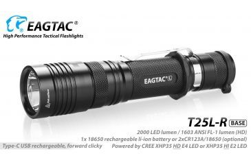 Image of Eagtac USB Rechargeable T25LR XHP35 HD 2000 Lumen Tactical Flashlight Base, Black, Medium, 2916