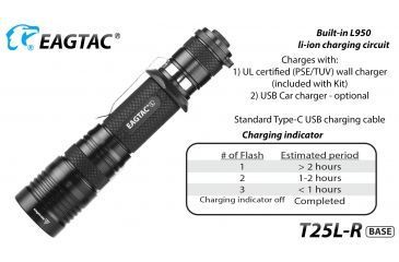 Image of Eagtac USB Rechargeable T25LR XHP35 HD 2000 Lumen Tactical Flashlight Base, Black, Medium, 2916
