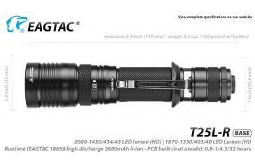 Image of Eagtac USB Rechargeable T25LR XHP35 HD 2000 Lumen Tactical Flashlight Base, Black, Medium, 2916