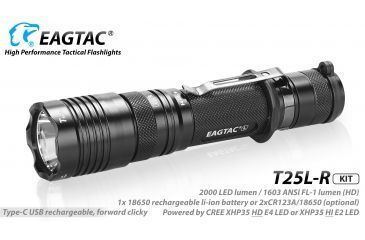 Image of Eagtac USB Rechargeable T25LR XHP35 HD 2000 Lumen Tactical Flashlight KIT, Black, Medium, 2917
