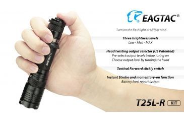Image of Eagtac USB Rechargeable T25LR XHP35 HD 2000 Lumen Tactical Flashlight KIT, Black, Medium, 2917
