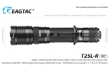 Image of Eagtac USB Rechargeable T25LR XHP35 HD 2000 Lumen Tactical Flashlight KIT, Black, Medium, 2917