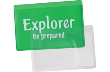 Image of Explorer Credit Card Magnifier Lens, Clear Plastic Construction, Measures 2 1/8in X 3 5/16in, Green Plastic Slip Pouch With Explorer Logo, G0140W