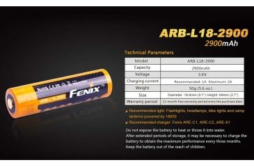 Image of Fenix 18650 3.6V 2900mAh Protected Lithium Ion Li-ion Rechargeable Button-Top Battery, Orange/Black FENIX-ARB-L18-2900
