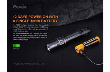 Image of Fenix PD35 V3, Flashlight, White LED, 1,700 Lumens, Anodized Finish, Black, Includes Rechargeable 18650 Battery and USB Type-C Charging Cable