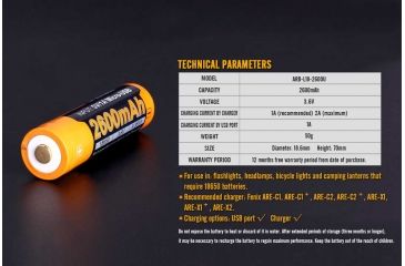 Image of Fenix Rechargeable Li-ion 18650 3.6 Volt Battery w/Built in USB port, 2600mAh, Orange/Black ARB-L18-2600U