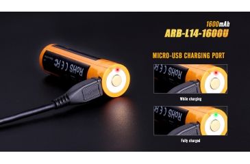 Image of Fenix Rechargeable Li-ion AA 1.5 Volt Battery w/Built in USB port, 1600mAh, Orange/Black ARB-L14-1600U
