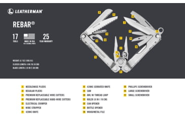 Image of Leatherman Rebar 17-in-1 Multi-Tool w/420HC Straight/Serrated Blade, Standard Sheath 831548