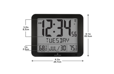 Image of Marathon Slim Atomic Wall Clock w/ Indoor/Outdoor Temperature, Black, 9.8in x 1.2in x 8.1in, CL030027-BK-FD-NA