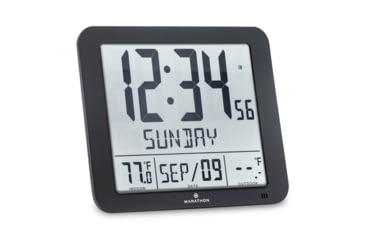 Image of Marathon Slim Atomic Wall Clock w/ Indoor/Outdoor Temperature, Black, 9.8in x 1.2in x 8.1in, CL030027-BK-FD-NA