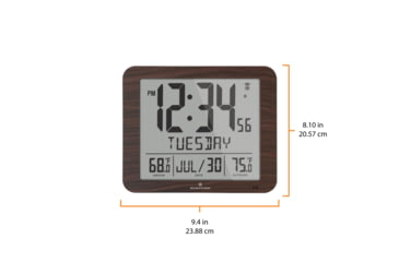 Image of Marathon Slim Atomic Wall Clock w/ Indoor/Outdoor Temperature, Wood, 9.8in x 1.2in x 8.1in, CL030027-WD-FD-NA
