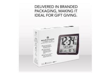 Image of Marathon Slim Atomic Wall Clock w/ Indoor/Outdoor Temperature, Wood, 9.8in x 1.2in x 8.1in, CL030027-WD-FD-NA