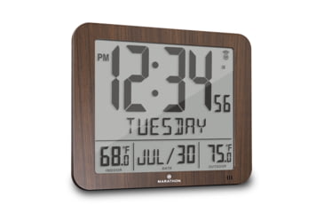 Image of Marathon Slim Atomic Wall Clock w/ Indoor/Outdoor Temperature, Wood, 9.8in x 1.2in x 8.1in, CL030027-WD-FD-NA
