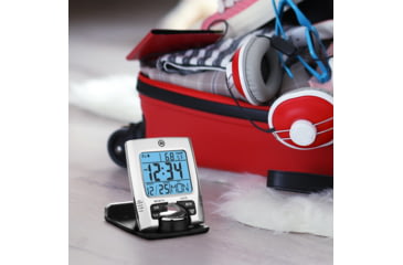 Image of Marathon Travel Alarm Clock w/ Calendar and Temperature, Silver, 2.5in x .5in x 3in, CL030023-SV-BK-NA