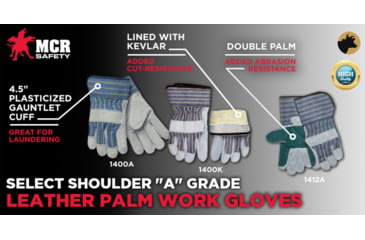 Image of MCR Safety A Shoulder Leather Palm Work Gloves, 2.5in Plasticized Safety Cuff, Pair, Gray, Large, 1400A
