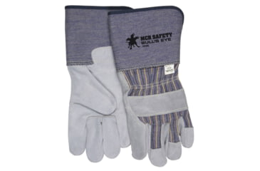 Image of MCR Safety Bulls Eye A Side Split Leather Palm Work Gloves, 4in Rubberized Safety Cuff, Sewn with DuPont Kevlar, Gray, Large, 1910L