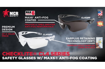 Image of MCR Safety Checklite CL4 Series Safety Glasses, MAX6 Anti-Fog Lens Coating, Earplug Retaining Technology, Temples Hold Earplug Cord in Place, Gray, One Size, CL412PF