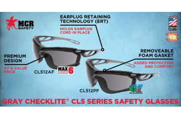 Image of MCR Safety Checklite CL5 Series Safety Glasses, UV-AF Anti-Fog Lens, Removable Closed Cell Foam Gasket, Earplug Retaining Technology, Temples Hold Earplug Cord in Place, Gray, One Size, CL512AF