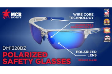 Image of MCR Safety Dominator DM3 Series Safety Glasses, Polarized Lenses, Adjustable Wire Core Temples and Nose Piece, Blue Diamond Mirror, One Size, DM1328BZ