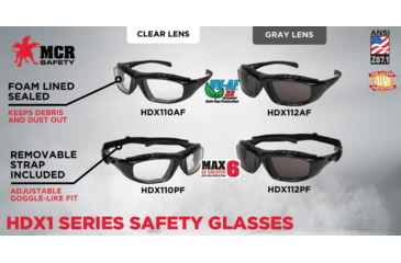 Image of MCR Safety HDX1 Series Safety Glasses, MAX6 Anti-Fog Coating, Removable Elastic Strap, Gray, One Size, HDX112PF