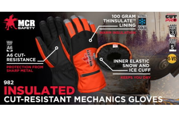 Image of MCR Safety Insulated Mechanics Gloves, 100 gram Thinsulate, Cut Resistant Lining, MAXGrid Material Palm, Inner Elastic Snow and Ice Cuff, Black/Hi-Vis Orange, Large, 982L