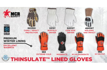 Image of MCR Safety Insulated Mechanics Gloves, 100 gram Thinsulate, Cut Resistant Lining, MAXGrid Material Palm, Inner Elastic Snow and Ice Cuff, Black/Hi-Vis Orange, Large, 982L