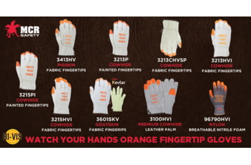 Image of MCR Safety Leather Drivers Work Gloves, CV Grade Grain Pigskin, Fingertips and Watch Your Hands Logo, Keystone Thumb, Beige, Medium, 3413HVIM