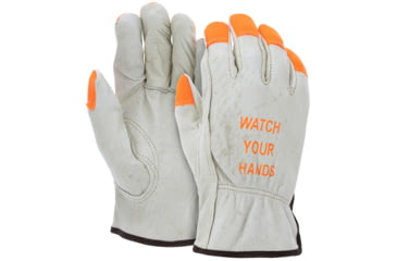 Image of MCR Safety Leather Drivers Work Gloves, CV Grade Grain Pigskin, Fingertips and Watch Your Hands Logo, Keystone Thumb, Beige, Medium, 3413HVIM