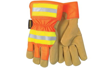 Image of MCR Safety Luminator Grain Pigskin Leather Palm Work Gloves, Hi-Vis Back and 2.5in Safety Cuff, Fleece Lined Palm, Gold, Large, 19251L