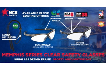 Image of MCR Safety Memphis Series Mossy Oak Camo Safety Glasses, UV-AF Anti-Fog Coating, Wrap Around Lens Design, Clear, One Size, MOMP110AF
