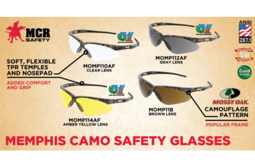 Image of MCR Safety Memphis Series Mossy Oak Camo Safety Glasses, UV-AF Anti-Fog Coating, Wrap Around Lens Design, Clear, One Size, MOMP110AF