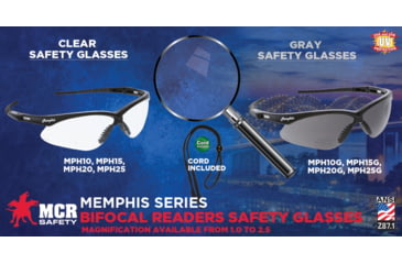 Image of MCR Safety MPH20G Memphis Series Bifocal Readers Safety Glasses, 2.5 Diopter Lenses, Wrap Around Lens Design, Gray, One Size, MPH20G