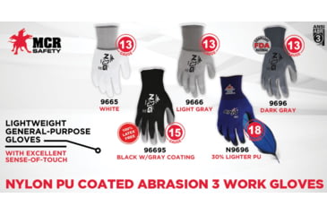 Image of MCR Safety NXG Work Gloves, 13 Gauge Nylon Shell, PU Palm and Fingertips, White, X - Small, 9665XS