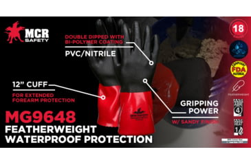 Image of MCR Safety PredaStretch Work Gloves, 18 Gauge Seamless Nylon Shell, Full PVC Nitrile Coating with Sandy Finish, 12in Gauntlet Cuff, Red and Black, Small, MG9648S