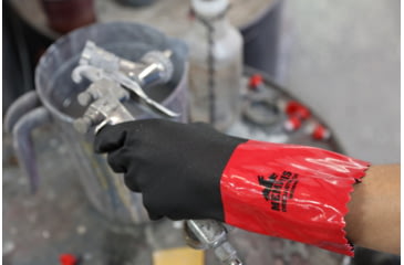 Image of MCR Safety PredaStretch Work Gloves, 18 Gauge Seamless Nylon Shell, Full PVC Nitrile Coating with Sandy Finish, 12in Gauntlet Cuff, Red and Black, Small, MG9648S