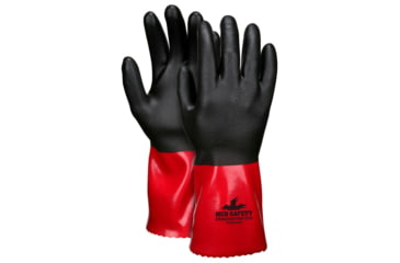 Image of MCR Safety PredaStretch Work Gloves, 18 Gauge Seamless Nylon Shell, Full PVC Nitrile Coating with Sandy Finish, 12in Gauntlet Cuff, Red and Black, Small, MG9648S