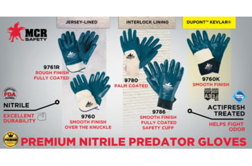 Image of MCR Safety Predator Series Fully Rough Nitrile Coated Work Gloves, Safety Cuff and Jersey Lined, Treated with ActiFresh, Blue, Small, 9761RS