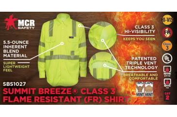 Image of MCR Safety Summit Breeze Class 3 Flame Resistant Shirt, 5.5oz Inherent Blend, Long Sleeve with Vented Underarms and Back, CAT 2, Fluorescent Lime, S, SBS1027S