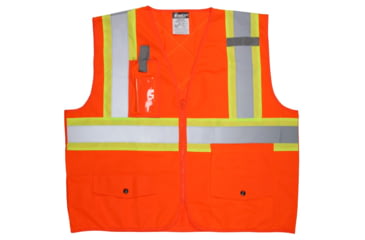 Image of MCR Safety SURVCS2POM Hi Vis Reflective Safety Vest, ANSI Type R Class 2, 4in Silver Stripes, Zipper Front Closure, Fluorescent Orange, M, SURVCS2POM